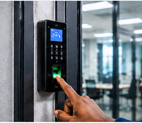 Biometric fingerprint reader installed at a secure entrance